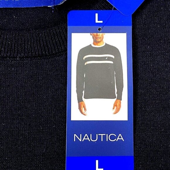 Nautica Crew Neck Sweater Top Mens size Large Black Off White Stripe - Picture 7 of 11